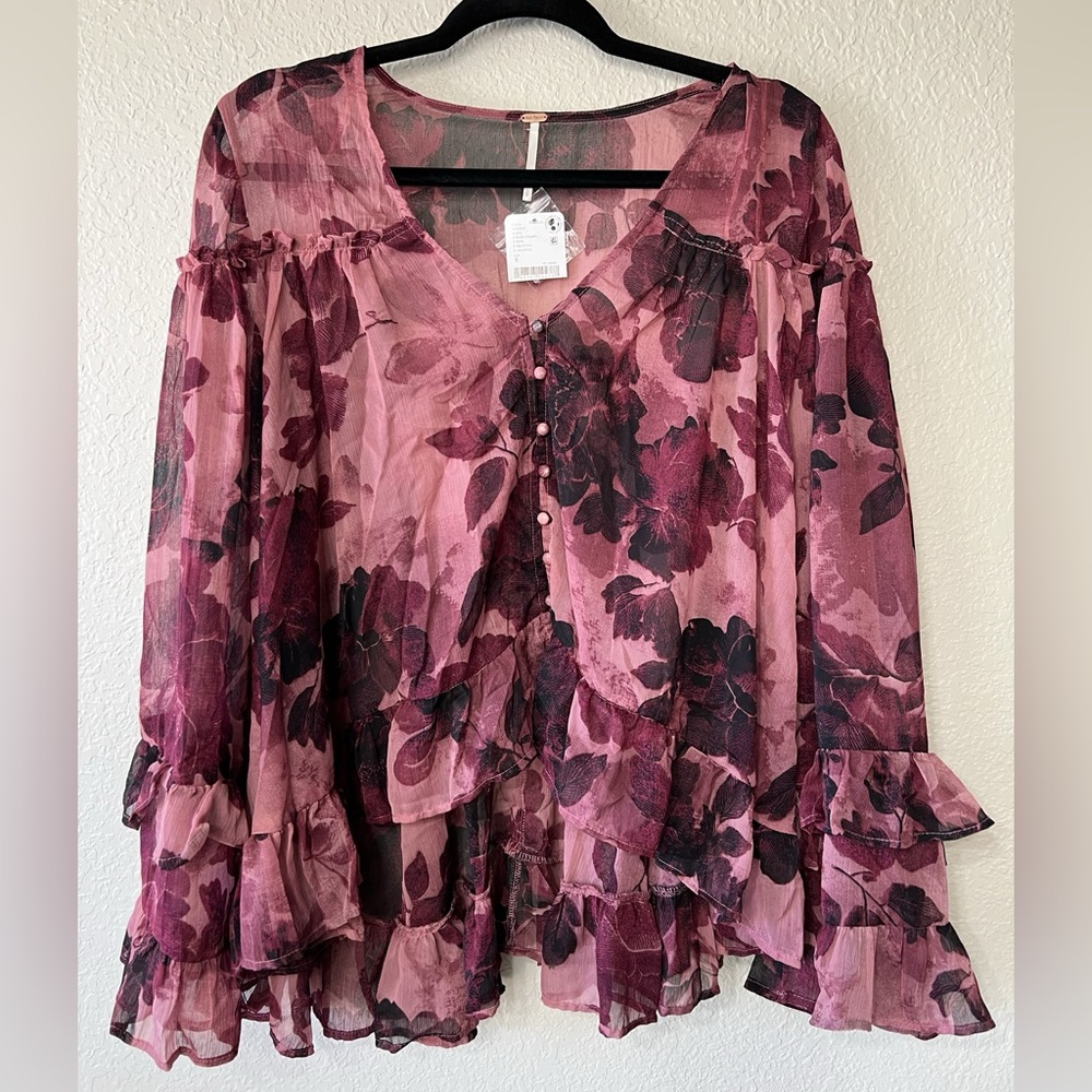 Free People Size Sm Pink Purple Sheer Boho Blouse Flowy Ruffles Whimsigoth